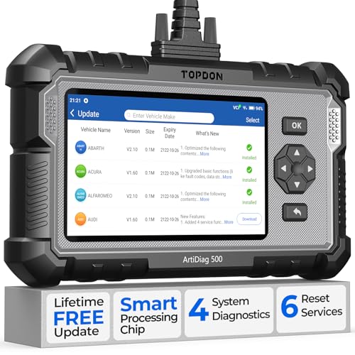 TOPDON OBD2 Diagnosegerät ArtiDiag500, Diagnosegerät Auto für Motor/Getriebe/ABS/SRS, Öl-Reset, Lenkwinkelsensor-Reset, Drosselklappenanpassung, Free Software-Upgrade, Android 7.0, Kabelgebunden