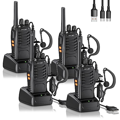 JUCJET 88E Walkie Talkie,Lizenzfrei PMR446 16 Kanäle Funkgeräte,2W Funkempfang 16 Kanäle 3-5KM Reichweite Sprechfunkgerä,Mit USB-Ladestation und Headset, Familie (4 Stück)