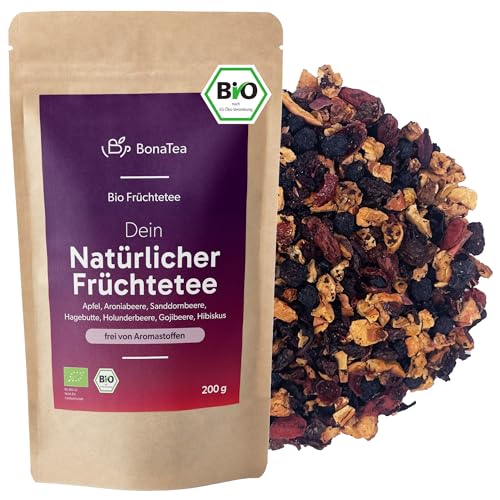 BIO Natürlicher Früchtetee lose ohne Aromastoffe, Mild und Natürlich mit Sanddornbeeren, Holunderbeeren und Aroniabeeren, 200g