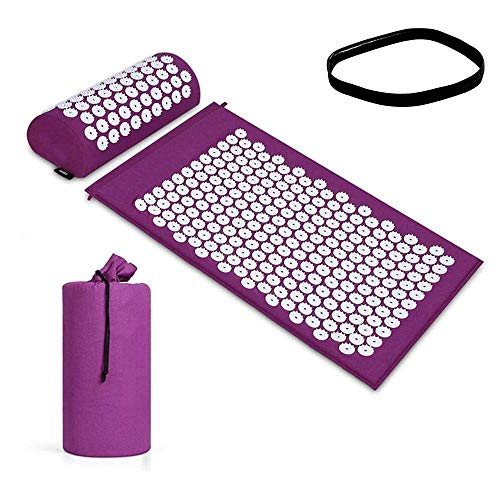 Akupressurmatte & Kissen Set/Akupunkturmatte Spike Yogamatte für Massage Wellness Entspannung und Verspannungen Entspannung Muskeln Entspannung nach Sport Genesung - mit Tragetasche (Lila)