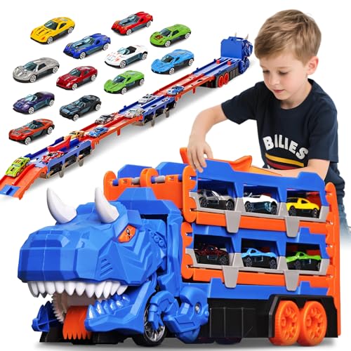 Sternstunde Transport Truck Spielzeugautos mit 12 Rennautos, tragbares Rennbahn Truck Spielzeugauto, für Jungen im Alter von 3, 4, 5, 6 Jahre alt Kinder Jungen Geschenk (Blau)
