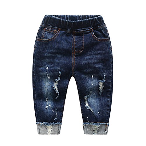 KIDSCOOL SPACE Baby Mädchen Jungen Jeans,Kleines Kind Elastische Taille Zerrissene Jeanshose,Blau,12-18 Monate