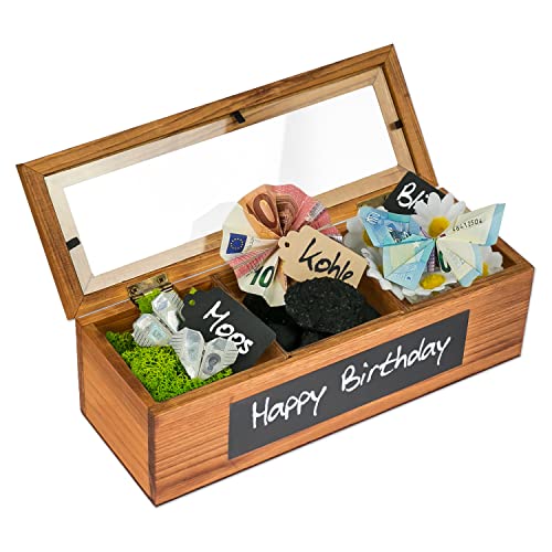 "SURPRISA Schotter Schatulle 3er - kreative Verpackung für Geldgeschenke und persönliche Geschenkbox zum Geburtstag oder zur Hochzeit - Pinienholz