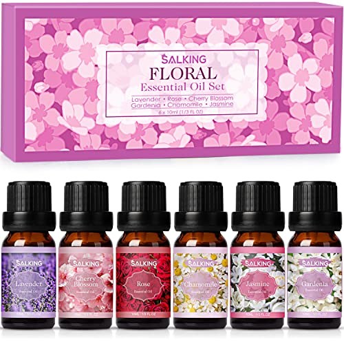 SALKING Ätherische Öle Set, Aromatherapie Duftöl GeschenkSet, 100% Pure Duftöle für Diffuser Duftlampen Luftbefeuchter, Massage, 6 x 10 ml (Lavendel, Rose, Kirschblüte, Jasmin, Gardenie, Kamille)