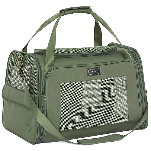 Petsfit Transportbox Katze & Hund, Hundetasche Tragetasche für Katze kleine Hund, faltbar Katze Transporttasche Hunde mit Schultergurt und weiches Kissen,L,Olivgrün