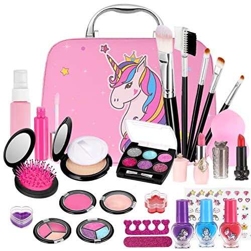 GAGAKU Kinderschminke Set Mädchen, 27PCS Waschbar Schminke Kinder Schminkkoffer Spielzeug Kindern Makeup Set Rollenspiel Kosmetik Spielzeug Weihnachten Geschenk für Mädchen 4 5 6 7 8 Jahre