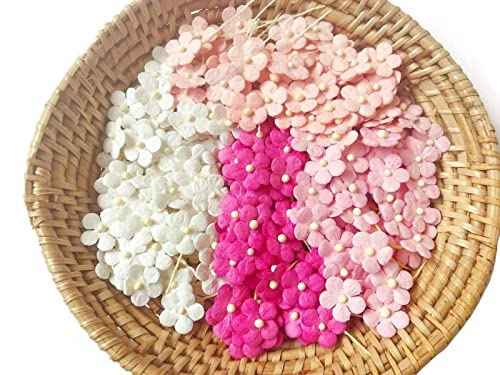 PL Flower Set mit 50 winzigen gemischten Farbtönen rosa Maulbeerpapierblumen, 0,8 cm, mit Fadenstiel