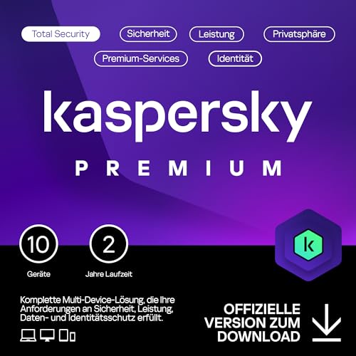 Kaspersky Premium Total Security 2024 | 10 Geräte | 2 Jahre | Anti-Phishing und Firewall | Unbegrenzter VPN | Passwort-Manager | Kindersicherung | 24/7 Unterstützung | PC/Mac/Mobile | Code per Email