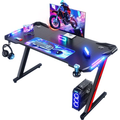 Devoko Led Gaming Tisch 120x60 cm,Gaming Schreibtisch Z-Frame, Ergonomischer Gamer Tisch mit Getränkehalter, Kopfhörerhaken, Stabiler Computertisch PC Schreibtisch