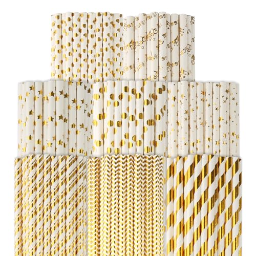 200 Stück Papierstrohhalme, Goldene Biologisch Abbaubare Trinkhalme für Abschlussfeier, Hochzeit, Geburtstag, Cocktail Feier Partyzubehör - 8 Stile