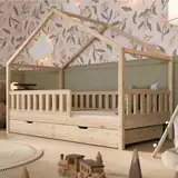 Crazy Pine Hausbett mit Schubladen 140x200 cm – Kinderbett aus Naturholz mit Rausfallschutz – Montessori Bodenbett mit zusätzlichen Stauraum und und Abnehmbarer Barriere - Crazy House