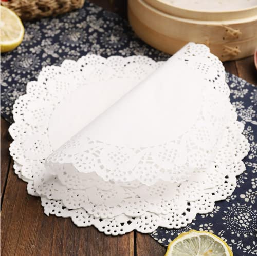 GAKA FAVOR Weiß Rund Lace Papierdeckchen Spitze (5 Zoll) Papier Deckchen ausgehöhlten 100 Stücke Papier Doily 14CM für Torten, Kuchen, Ideal für Hochzeiten, Geburtstagsfeier,Geschirrdekoration