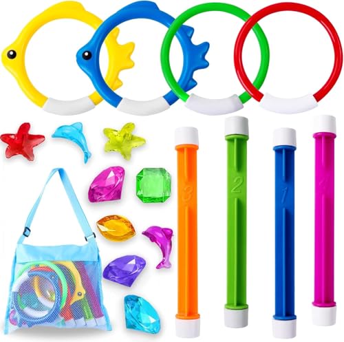 XOYTN 18 Stück Pool-Tauchspielzeug, Sommer-Unterwasserspielzeug mit Wasser Spielzeug Kinder Pool Tauchstäben Ringen Edelsteinen und Aufbewahrungstasche für Kinder Schwimmgeburtstagsfeier Geschenke