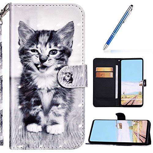 URFEDA Kompatibel mit Huawei Honor 9A Handyhülle Handytasche Leder Flip Case Brieftasche,Glitzer 3D Bunt Gemalt Muster Schutzhülle Magnetisch Kartenfach Ständer Klapphülle Lederhülle, Katze