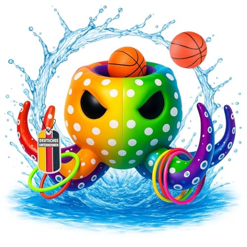 2in1 Wasser-Basketball & Ringwurfspiel Bunt Wasserspiel Set, aufblasbares Wasserballspiel KRAKI Basketballkorb mit 6 Ringe, 2 Bälle, 2 Pumpen, für Kinder & Erwachsene im Pool, Schwimmbad oder Strand