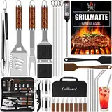 Grilliance BBQ Grillbesteck Set 30 Grillzubehör aus Hochwertiger Edelstahl Grillzange Grillspachtel Korkenzieher Grillset mit Grillkoffer und Grillmatte für Männer Geschenk für Garten Camping Braun