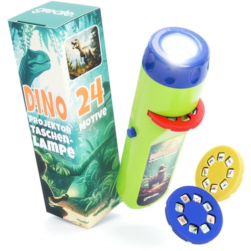 greate Taschenlampe Dinosaurier Kinder - Dino Projektor Lampe mit 3 Scheiben & 24 Bilder - Diashow Dinosaurier Spielzeug, Dino Taschenlampe, Dinosaurier Geschenke Kinder, Spielzeug Taschenlampe