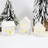 3 Stück Weihnachtsdorf Beleuchtet Weiß, Mini Lichthaus Gästehaus, Weihnachtslaterne LED, Holzhaus Skandinavisch, Weihnachtsdeko Innen Winter Deko Klein Holz Teelichter Weihnachten Beleuchtung Set