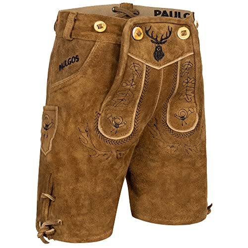 PAULGOS Kinder Trachten Lederhose KK2 + Träger, Echtes Leder, Gr. 146-152, Hellbraun