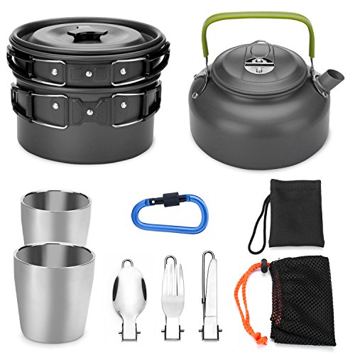 Odoland Geschirr-Set für 1-2 Personen, Kochset mit tragbarem Aluminiumtopf Teekessel Tassen faltbares Besteck, für Camping Outdoor Picknick Wandern