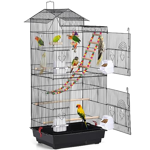 Yaheetech Vogelkäfig mit Vogelspielzeuge, Wellensittichkäfig Käfigspielzeug Nymphensittiche Fink-Papageien-Käfig mit Vogeltreppe, 99x46x35,5 cm, Schwarz