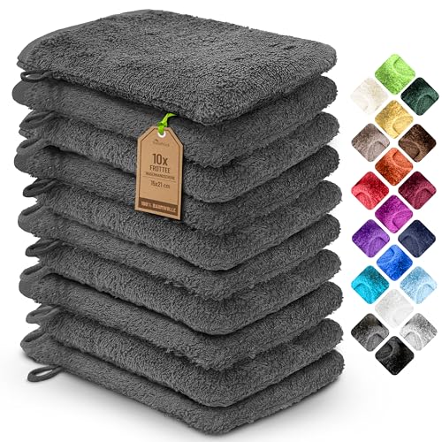 NatureMark 10er Pack Frottee Waschhandschuhe Waschlappen 100% Baumwolle Anthrazit grau 15x21cm