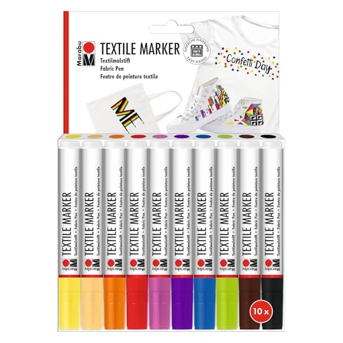 Marabu Textile Marker, 10er Set Textilstifte für helle Stoffe, Stoffmalstifte mit 3 mm Spitze, kräftige Farben auf Wasserbasis, vegan, nach Fixierung waschmaschinenfest bis 60°C, 0115000000200