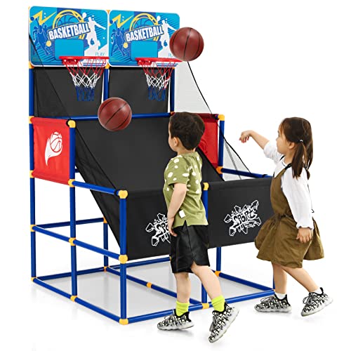 COSTWAY Arcade Basketball Spielset, Basketballständer mit 2 Körben, 4 Bällen und Pumpe, Mini Basketballkorb Outdoor Indoor, Basketballspiel 2 Spieler, Basketball Hoop Kinder Erwachsener, 140cm hoch