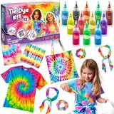 G.C Batikfarben Set Batik Set Kinder mit T-Shirt Stoffbeutel Kopftuch Tischdecken Haargummis 12 Tie Dye Farben Batik Färbemittel Textilien, Kreative Geschenke Tie Dye Bastelset für Kinder Erwachsene