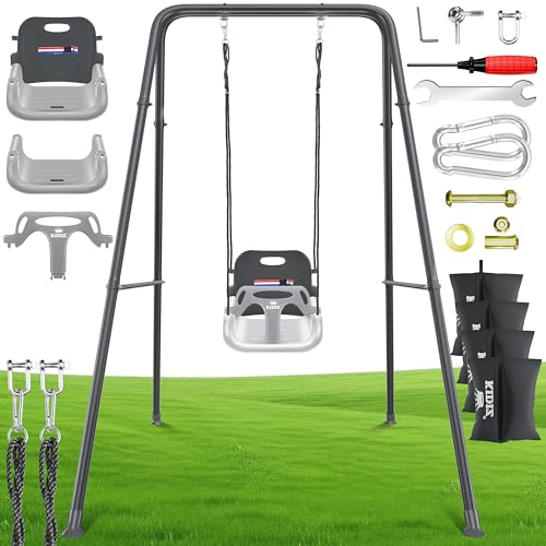 KIDIZ® Babyschaukel mit Gestell 3-in-1 Indoor & Outdoor | Kinderschaukel mit Metallständer höhenverstellbar | Schaukelgestell + 4 Sandsäcke & Sicherheitsgurt | Mitwachsender Schaukelsitz | Anthrazit