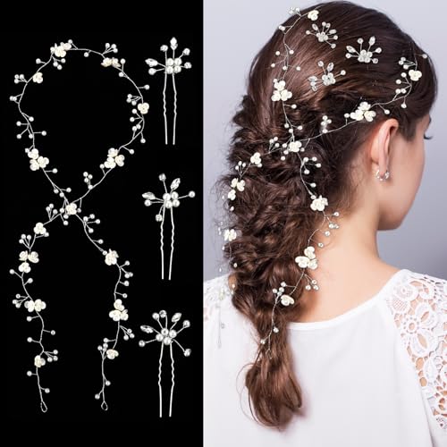 Lusofie Haarreif Braut Mit 3 Haarnadeln Aus Perlen Und Blumen Für Hochzeit Haarschmuck Mit Silbernen Blumen Perlkristall Stirnband Für Brautjungfer Für Frauen Und Mädchen