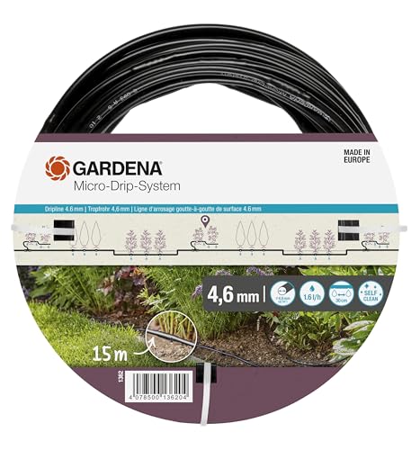 Gardena Micro-Drip-System Acryl Tropfrohr Oberirdisch 4,6 Mm (3/16 Zoll): Tropfschlauch Zum Oberirdischen Verlegen, Wassersparend, Hochflexibel, 15 M (1362-20), Erweiterung Tropfrohr für Pflanzreihe (3/16)