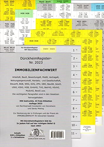 DürckheimRegister® IMMOBILIENFACHWIRT Griffregister: 180 Registeretiketten (sog. Griffregister) für IMMOBILIEFACHWIRTE mit den wichtigsten §§ im BGB, ... BGB, WEG, GVG, GBO, BauGB im Immobilienrecht.