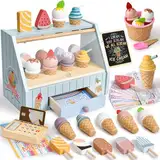 Atoylink Eisdiele Kinder Holz, kaufladen Zubehör mit Kaufmannsladen Zubehör Holz Spielgeld Einkaufsladen, Eisladen Kinder EIS Spielzeug Rollenspiel Geschenk für Mädchen Junge 3 4 5 6 Jahre