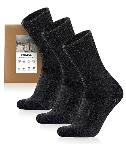 FORVEVO 3 Paar Merino Wandersocken Herren 43-46 DunkelGrau, 60% Wollsocken Herren Gepolstert, Wintersocken, Sportsocken für Trekking Outdoor