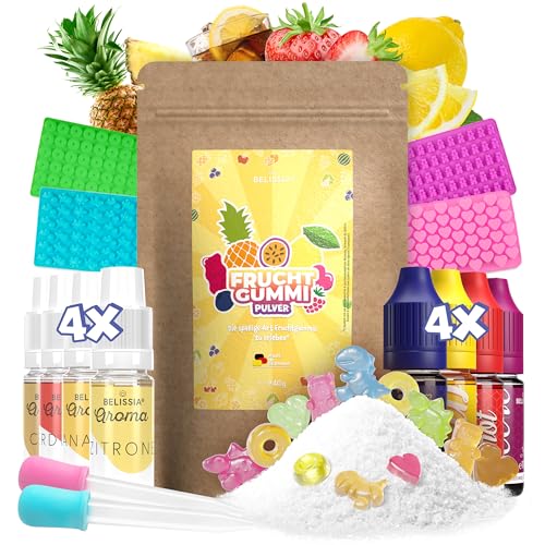 Belissia Gummibärchen zum selber machen. Spaßiges DIY Set zur Herstellung von ca. 1KG bunten, aromatisierten Fruchtgummis. Inklusive Aromen, Farben und Formen