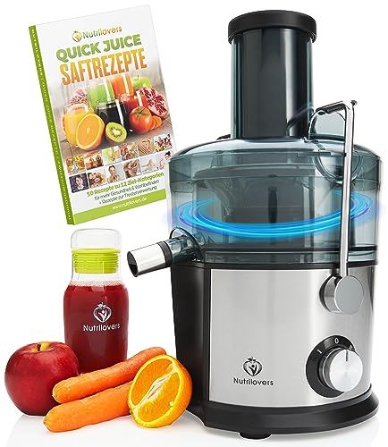 Nutrilovers *Testsieger* QUICK-JUICER Entsafter Edelstahl Obst und Gemüse I XXL-Einwurf für ganze Früchte entsaften, 800W, 2 Geschwindigkeiten, BPA-frei inkl. Trinkflasche + Rezepte Buch & App