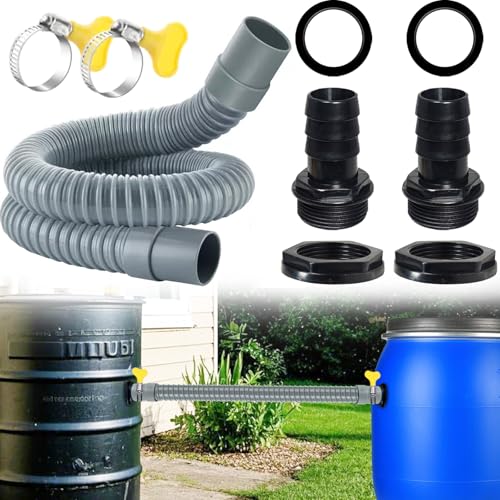 Regentonnen Verbinder, Regentonnen Verbindungsset inkl 2 Regentonnendurchführung, 50 cm Verbindungsschlauch Durchmesser 30 mm, 2 Schlauchschellen, Regenfass Verbinder für Regentonne Wassertanks