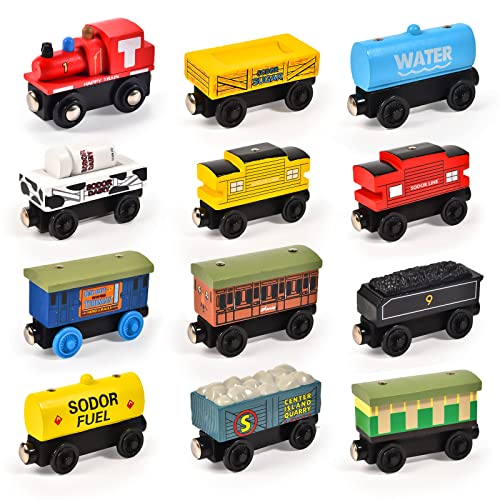 Atoylink 12STK Holzzug Montessori Magnetzug Set Holzspielzeug Holzeisenbahn Zug Spielzeug Motoren Autos Motorikspielzeug Baby Kinderspielzeug Fahrzeuge Geschenk für Jungen Mädchen 2 3 4 5 6 7 8 Jahren