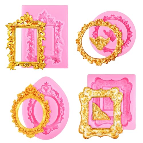 Silikonform Fotorahmen, 4pcs Fondant Formen Silikon Barock, Bilderrahmen Silikonform, Silikonformen Rahmen Vintage, Geeignet für Cupcake-Dekoration, Schokolade, Süßigkeiten, Polymer-Ton, Kleber