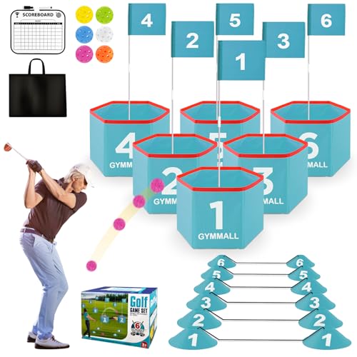 GYMMALL Golf Bucket Yard Game, Hinterhof-Golf-Set für Kinder, Erwachsene und Familie, Outdoor und Indoor Tragbarer 6-Loch-Golfplatz mit Bällen, Flaggen und Tragetasche für Rasen, Park, Strand und