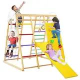 DREAMADE 8 in 1 Kletterdreieck Kletterspielzeug mit Schaukel Leiter Rutsche Kletternetz Turnringe, Spielplatz Indoor Klettergerüst aus Holz zum Rutschen & Klettern für Kinder ab 3 Jahren (Bunt)