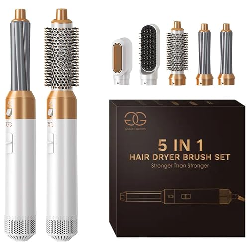 Airstyler 5-in-1 Lockenstab, Golden Goods Hairstyler Set mit Warmluftbürste, Glättbürste, 1000W Haartrockner, Geben Sie Volumen, Glätten, Locken und Föhnen, Rundbürstenföhn