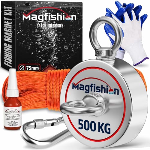 MAGFISHION Magnetfischen Set - 500 KG (2 x 250kg) - Ø75mm - Neodym Magnet mit Seil (20M) & Handschuhe - Magnet Fischen Angel - Ösenmagnet - Fishing Magnetangel - Magnetangeln Set