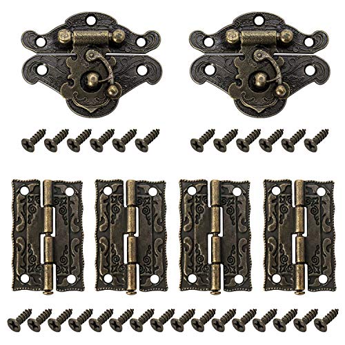 QWORK® 2 Sets Antike Dekorative Haspe, Retro Haspen Riegel, dekorativer Holzschmuck, Vintage Scharnier mit 4 Scharnieren und 28 Schrauben