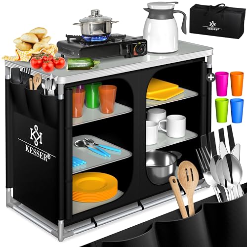 KESSER® Campingküche | Ink. Tragetasche | Campingschrank | mit Aluminiumgestell | Reiseküche | Küchenbox | Zeltschrank | Outdoor Camping Küche | inkl. Becherset | Modelle wählbar Schwarz