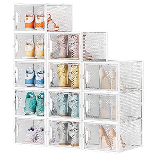 SIMPDIY Schuhboxen Stapelbar Transparent, 12er Pack Schuhkarton mit Deckel, Schuhaufbewahrung für Stöckelschuhe, Stiefeletten, Pumps, High Tops, bis Größe 46