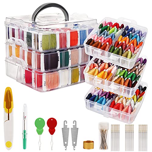 Handi Stitch Stickgarn Set - (187er Pack) - Kreuzstich Set mit 3-Stufiger Transparenter Garn Aufbewahrungsbox - 150 Farbstränge auf Papierspulen - Bunte Wolle zum Basteln & Freundschaftsbänder Knüpfen