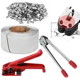 Umreifungsset Manuelle Umreifungsgerät Verpackungsmaschine incl Spanngerät 1200m Verpackungsbänder und 1000 Clips für PP/PET Kunststoffspanner Umreifungsband Kit