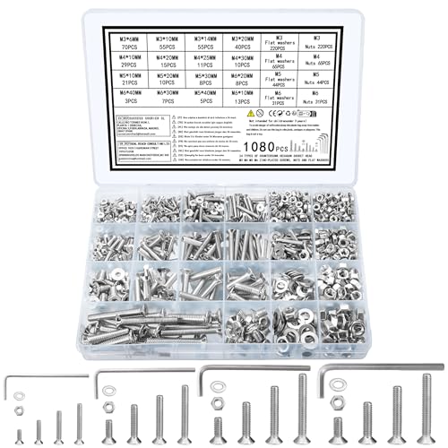 zrfgbxim 1080 Senkkopfschrauben Muttern Set,M3 M4 M5 M6 Schrauben Set,Flachkopfschrauben Innensechskant Schrauben und Muttern Set mit Unterlegscheiben, Maschinenschrauben Sortiment, Gewindeschrauben